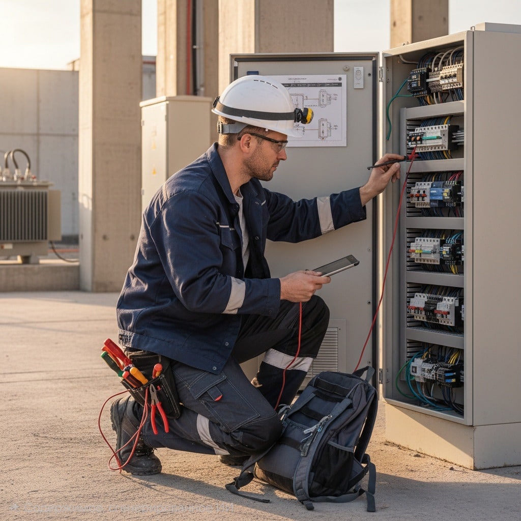 Мужчина-электромонтажник в защитной каске и рабочей одежде приседает у электрического щитка, производя измерения прибором. Рядом лежит сумка и инструменты.