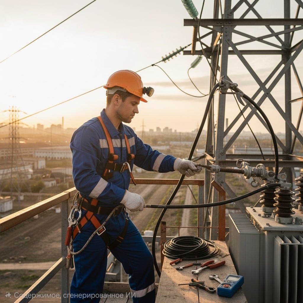 Электромонтажник в защитной каске и спецодежде работает с силовыми кабелями на фоне заходящего солнца и городской застройки.