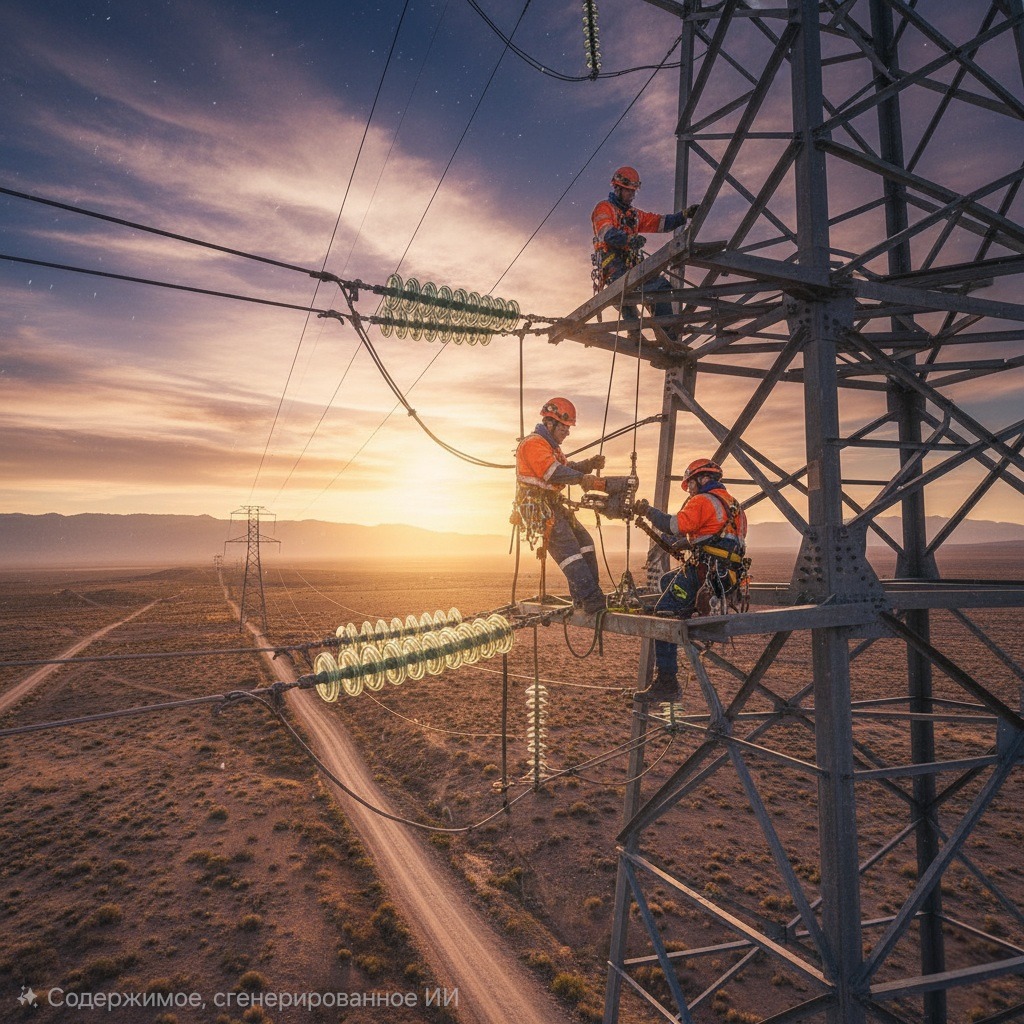 Электромонтеры-линейщики в защитной одежде и касках работают на высоковольтных линиях электропередач на фоне заката.