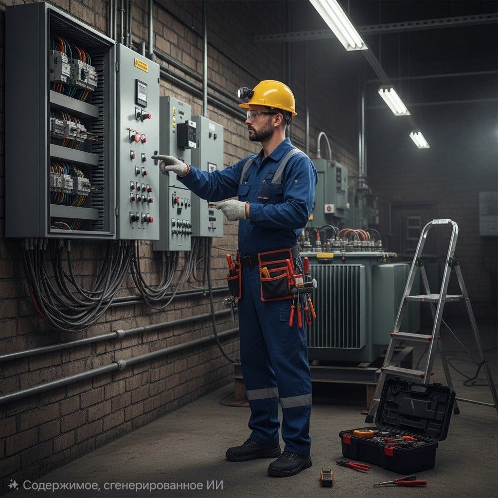 Электромонтер по ремонту и обслуживанию электрооборудования в синем комбинезоне и желтой каске работает с электрическим щитком в промышленном помещении.
