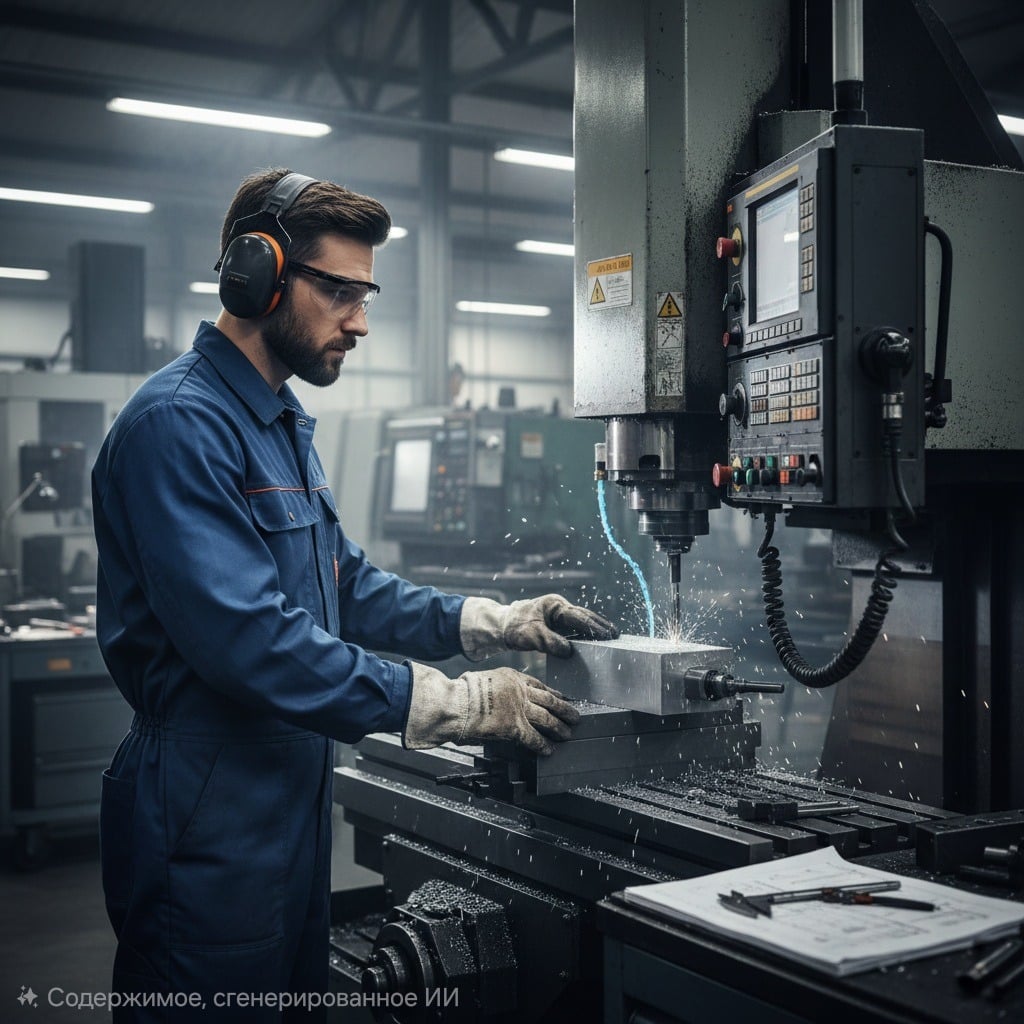Фрезеровщик в синем комбинезоне и защитном снаряжении работает на фрезерном станке с ЧПУ в цеху, обрабатывая металлическую деталь.
