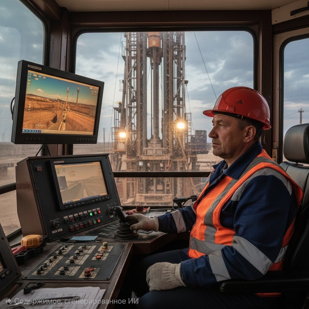 Машинист буровой установки в оранжевой каске и светоотражающем жилете сидит в кабине буровой установки, управляя рычагами, глядя на мониторы, на которых отображается буровая площадка, а за окном видна часть самой установки.