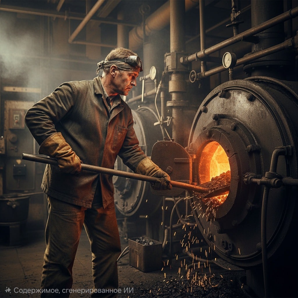 Машинист (кочегар) котельной в рабочей одежде, загружающий уголь в растопленную топку промышленного котла