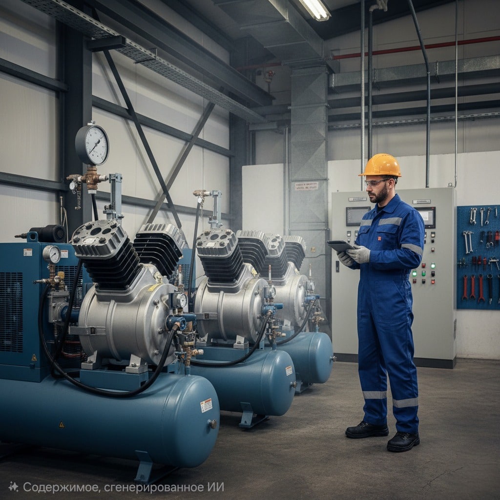 Машинист компрессорных установок в синем комбинезоне и желтой каске осматривает ряд промышленных компрессоров в цеху, держа в руках планшет.