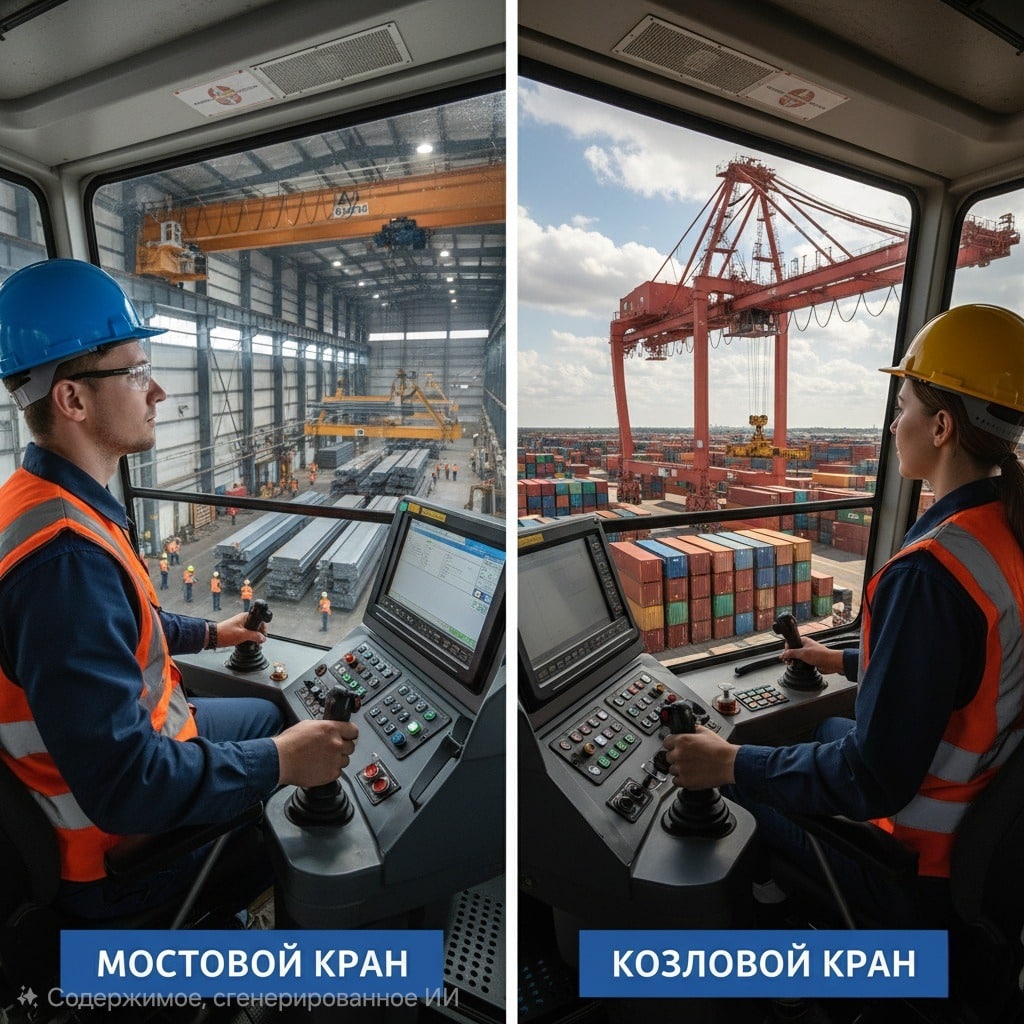 Машинист мостового крана в помещении и машинист козлового крана в порту.