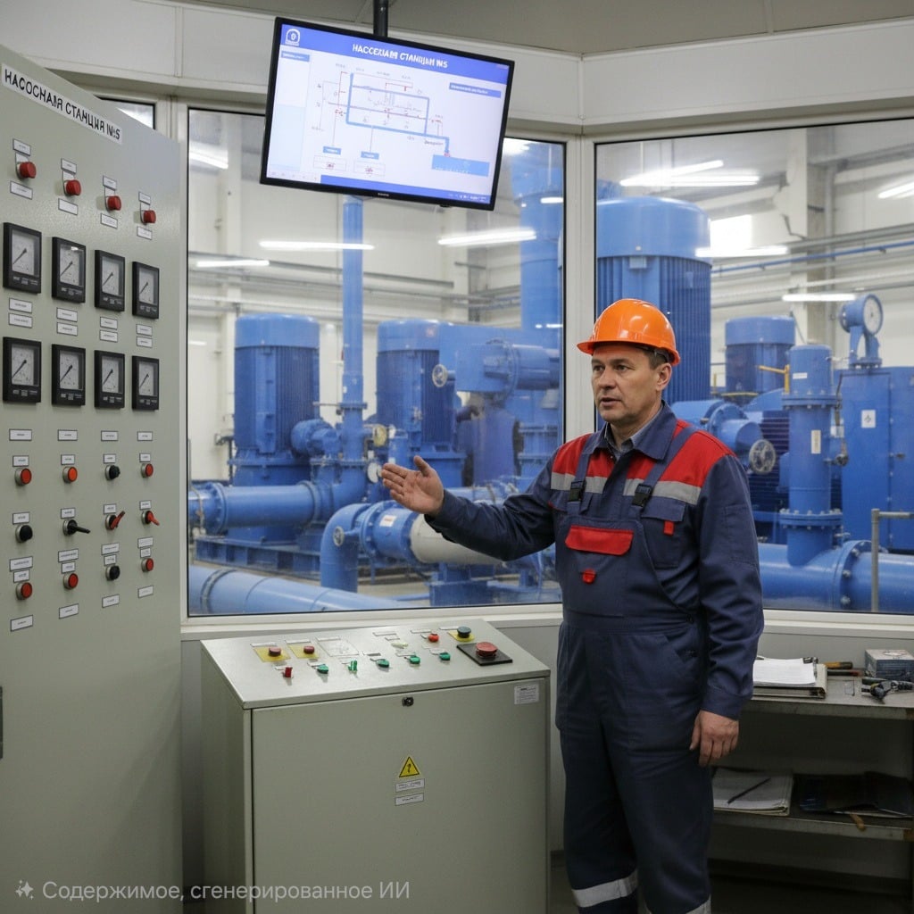 Машинист насосных установок в оранжевой каске и синем комбинезоне стоит в помещении насосной станции, указывая рукой на оборудование.