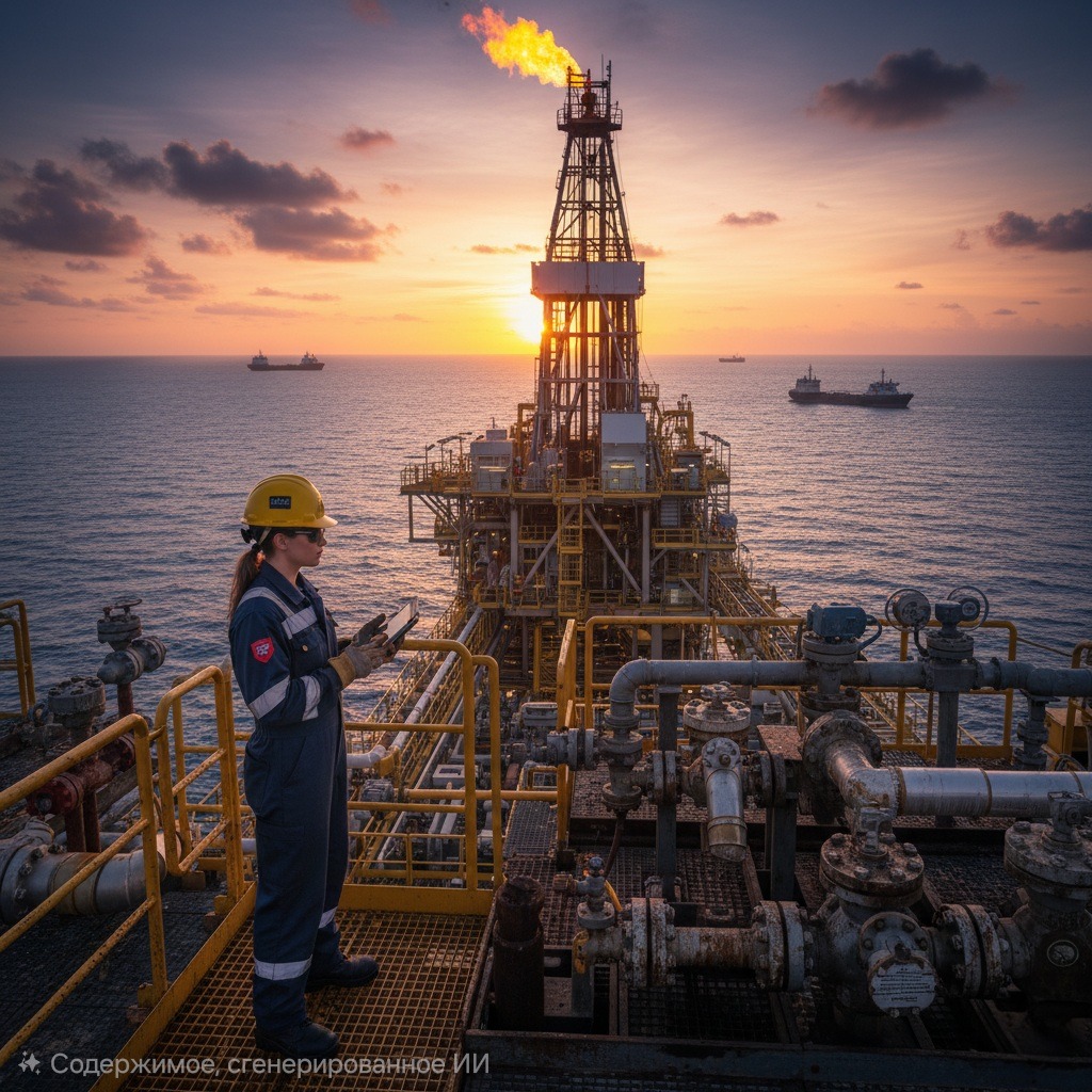 Оператор по добыче нефти и газа на морской платформе на закате