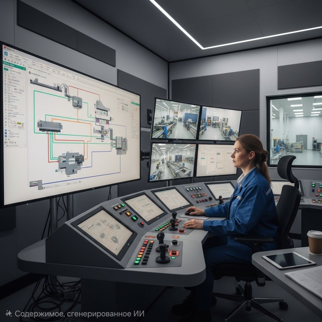 Оператор пульта управления (технологических линий) контролирует производственные процессы на современном пульте управления, с большими экранами и мониторами наблюдения.