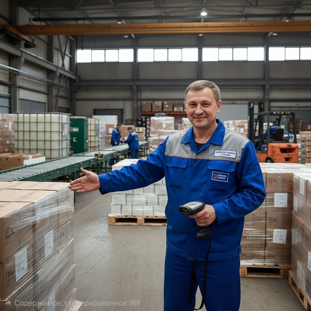 Оператор товарный 2-го разряда на складе с паллетами и сканером.