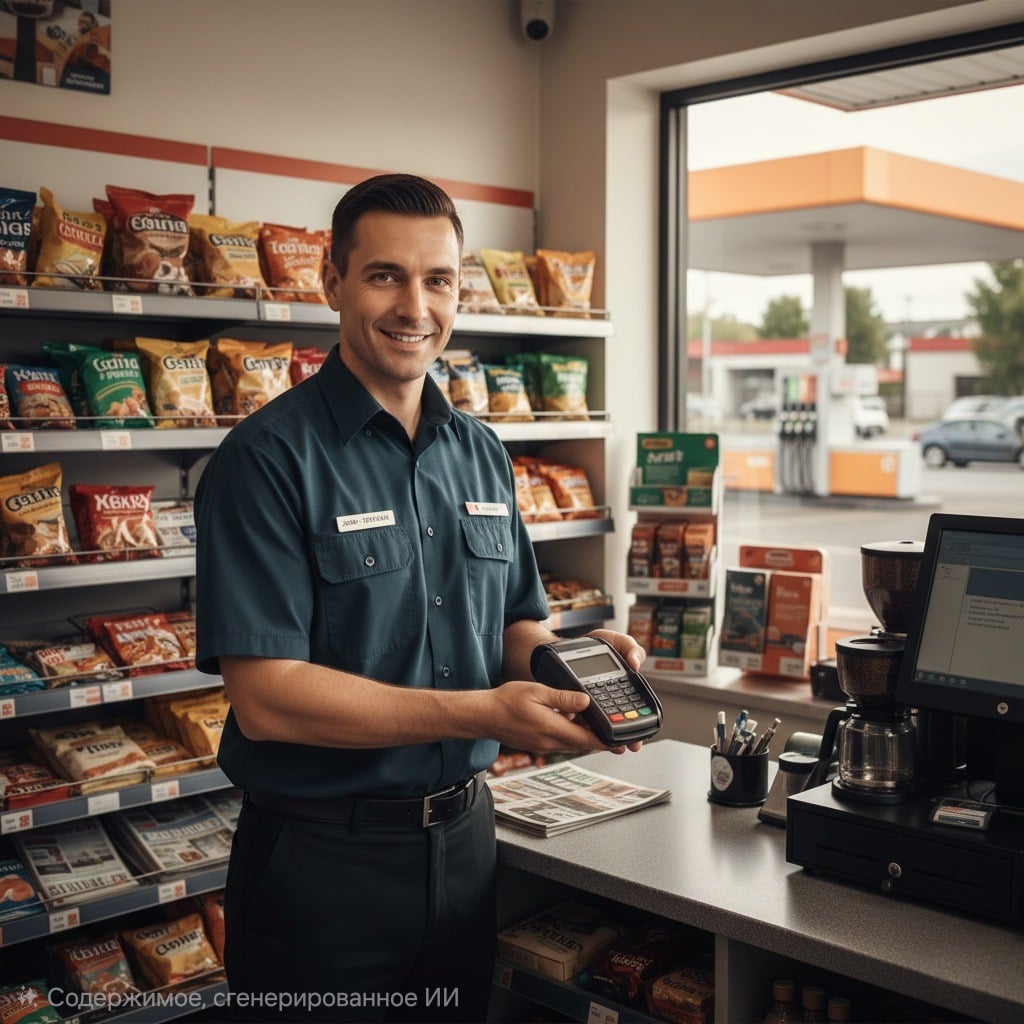 Оператор заправочной станции в униформе с терминалом оплаты в магазине