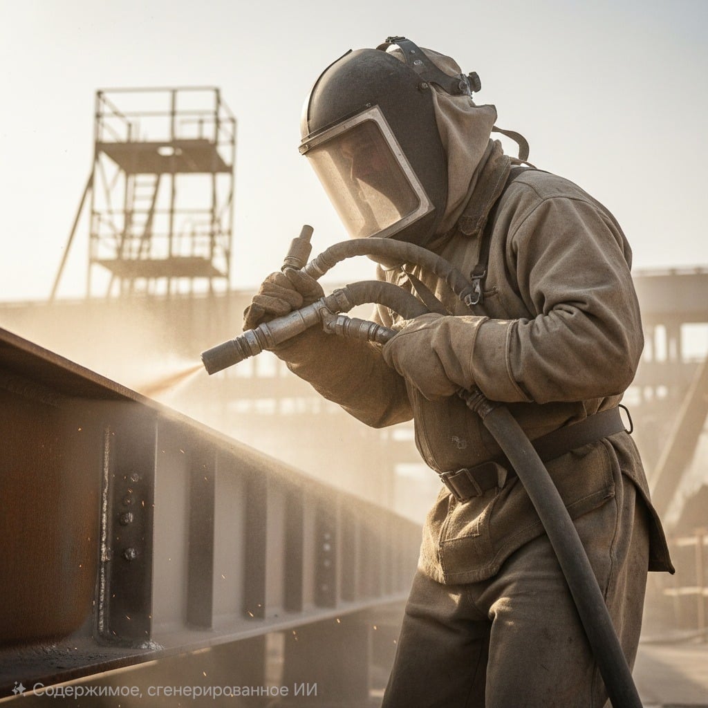 Мужчина в защитном костюме и шлеме занимается пескоструйной очисткой металлической балки.