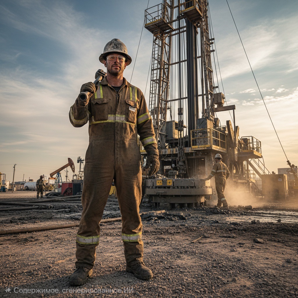Помощник бурильщика эксплуатационного и разведочного бурения скважин на нефть и газ в спецодежде и каске с инструментом на плече стоит на буровой площадке на фоне буровой установки.