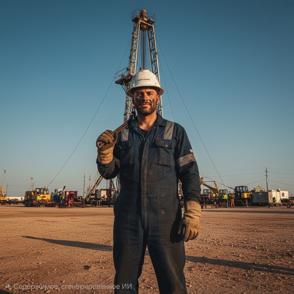Помощник бурильщика капитального ремонта скважин в синем комбинезоне и каске на фоне буровой вышки. Он держит гаечный ключ, его лицо немного запачкано.