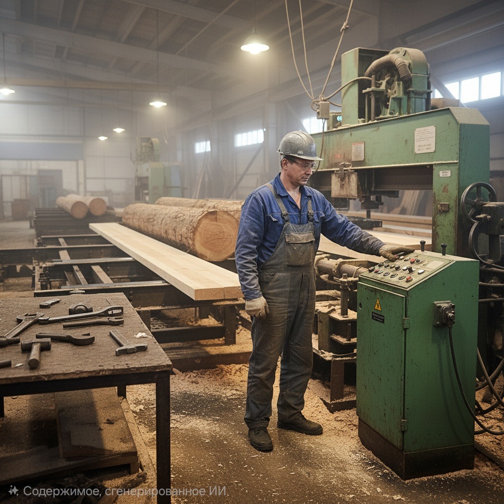 Рамщик в синем комбинезоне и защитной каске управляет пультом рамного механизма на лесопилке.