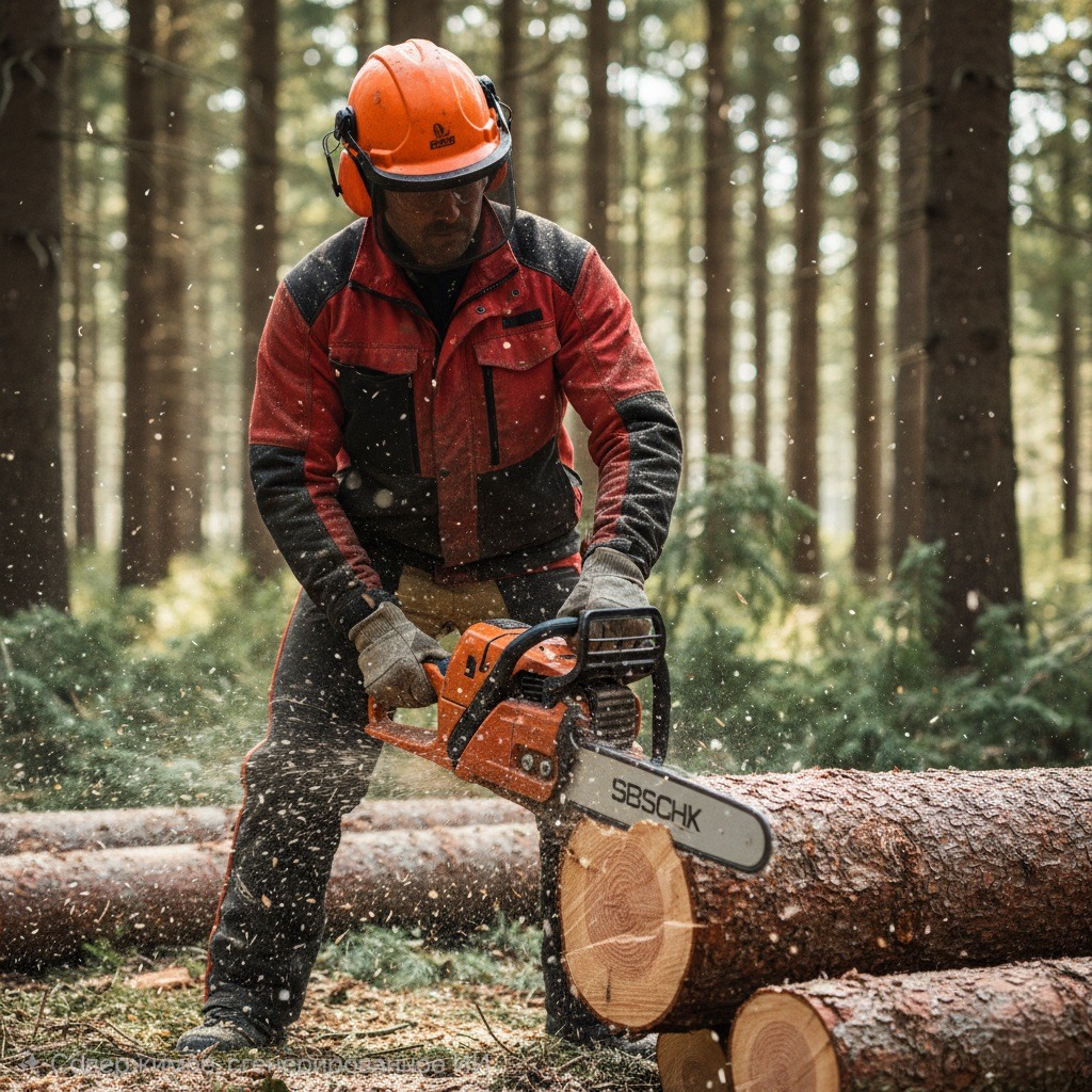 Раскряжевщик в защитной одежде, стоящий в лесу и работающий бензопилой над поваленным деревом.