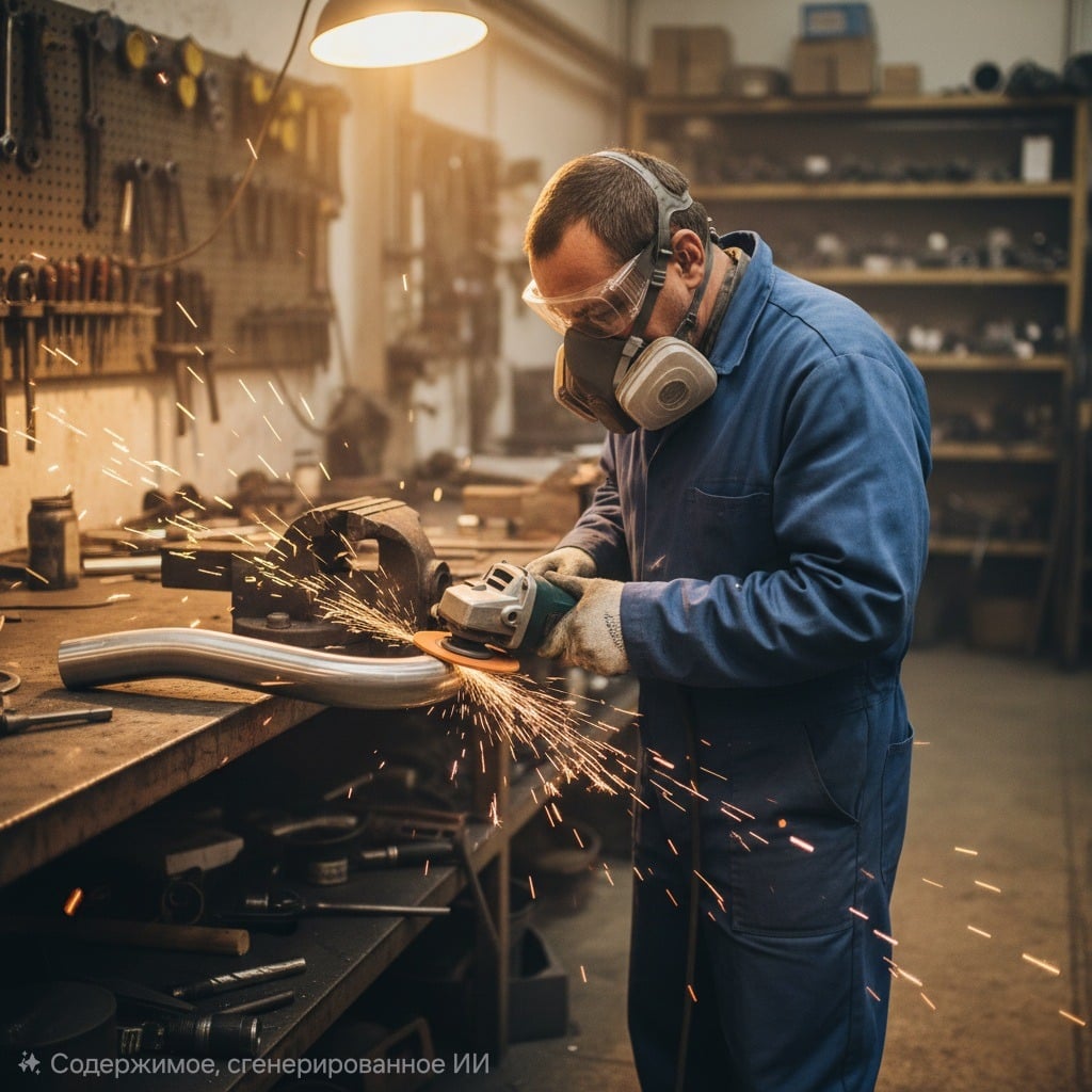 Шлифовщик в защитном снаряжении работает в мастерской, создавая искры от шлифования металлического стержня.