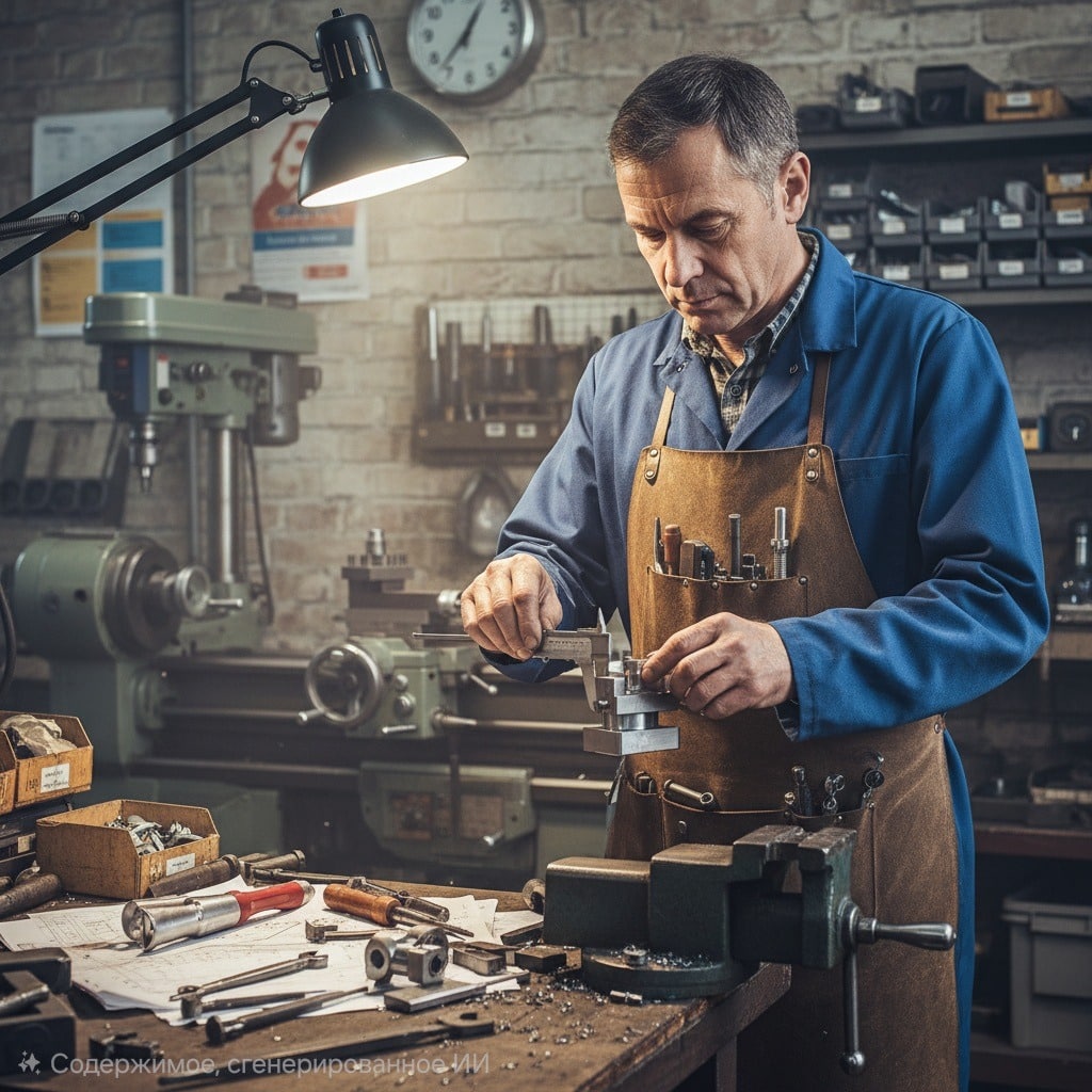 Слесарь-инструментальщик работает с деталями на верстаке в мастерской