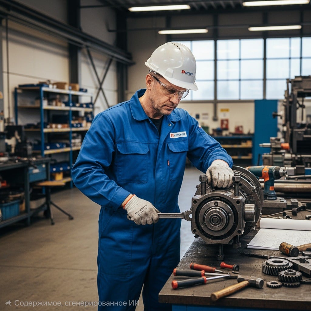 Слесарь механосборочных работ в синем комбинезоне и белой каске, работающего над металлическим агрегатом в цеху.