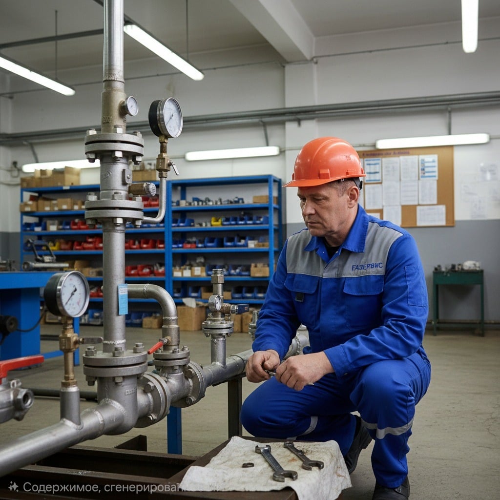 Слесарь по эксплуатации и ремонту газового оборудования в синем комбинезоне и оранжевой каске присев рядом с газовым оборудованием, осматривая трубы и манометры, инструменты лежат на ветоши рядом.