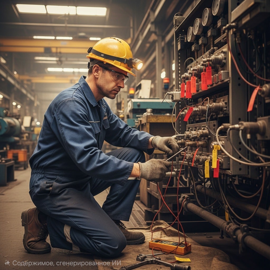 Слесарь по КИПиА в спецодежде, защитной каске с фонариком и очках, который сидит на коленях перед сложным промышленным оборудованием и производит измерения и настройку, используя мультиметр и инструменты. На заднем плане видно производственное помещение.