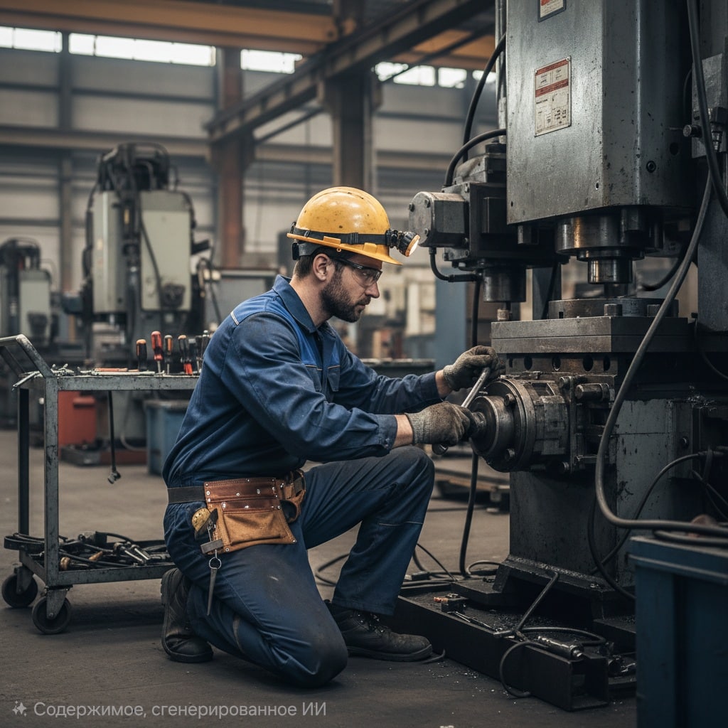Слесарь по обслуживанию и ремонту оборудования в синей рабочей одежде, желтой каске и защитных очках, присев на одно колено, ремонтирует большое промышленное оборудование в цеху. Сбоку от него стоит тележка с инструментами.