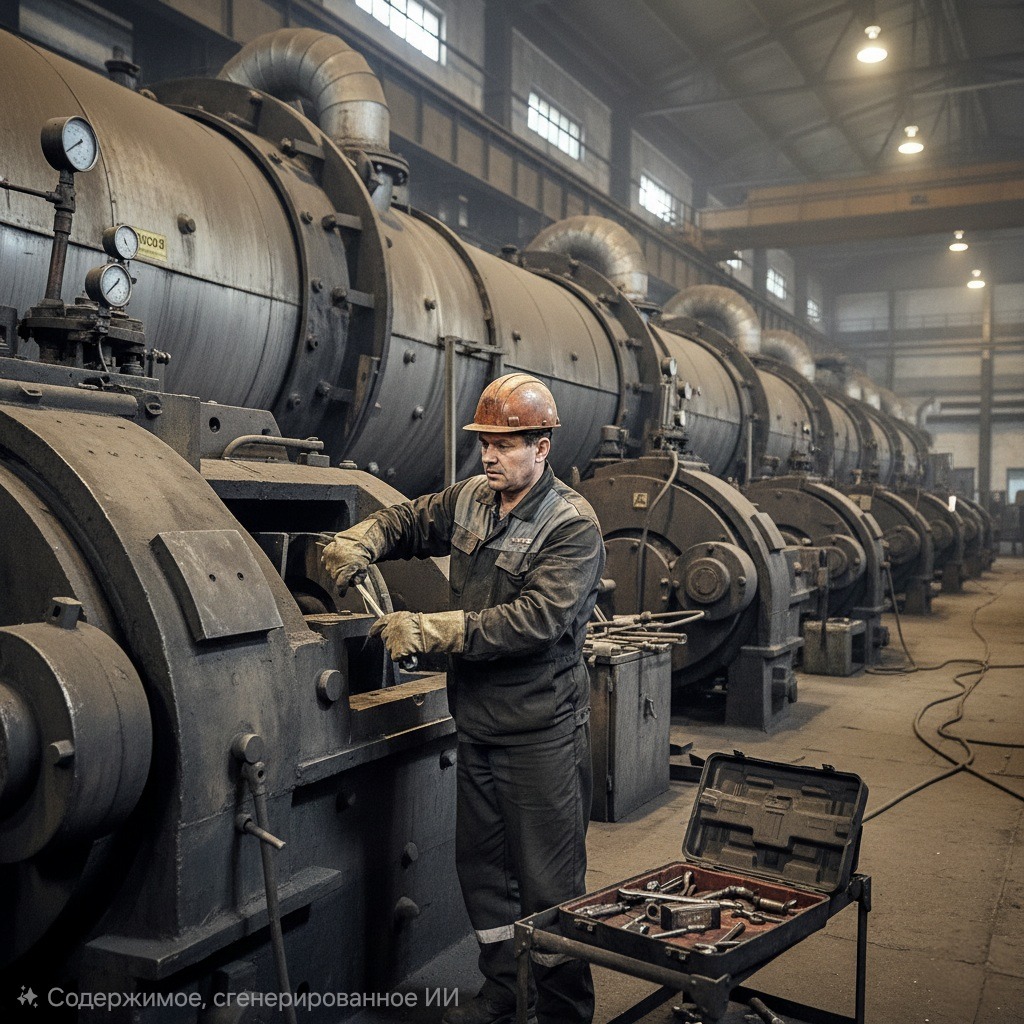 Слесарь по ремонту оборудования котельных и пылеприготовительных цехов в оранжевой каске и рабочей одежде ремонтирует промышленное оборудование в цеху. Рядом стоит открытый ящик с инструментами.