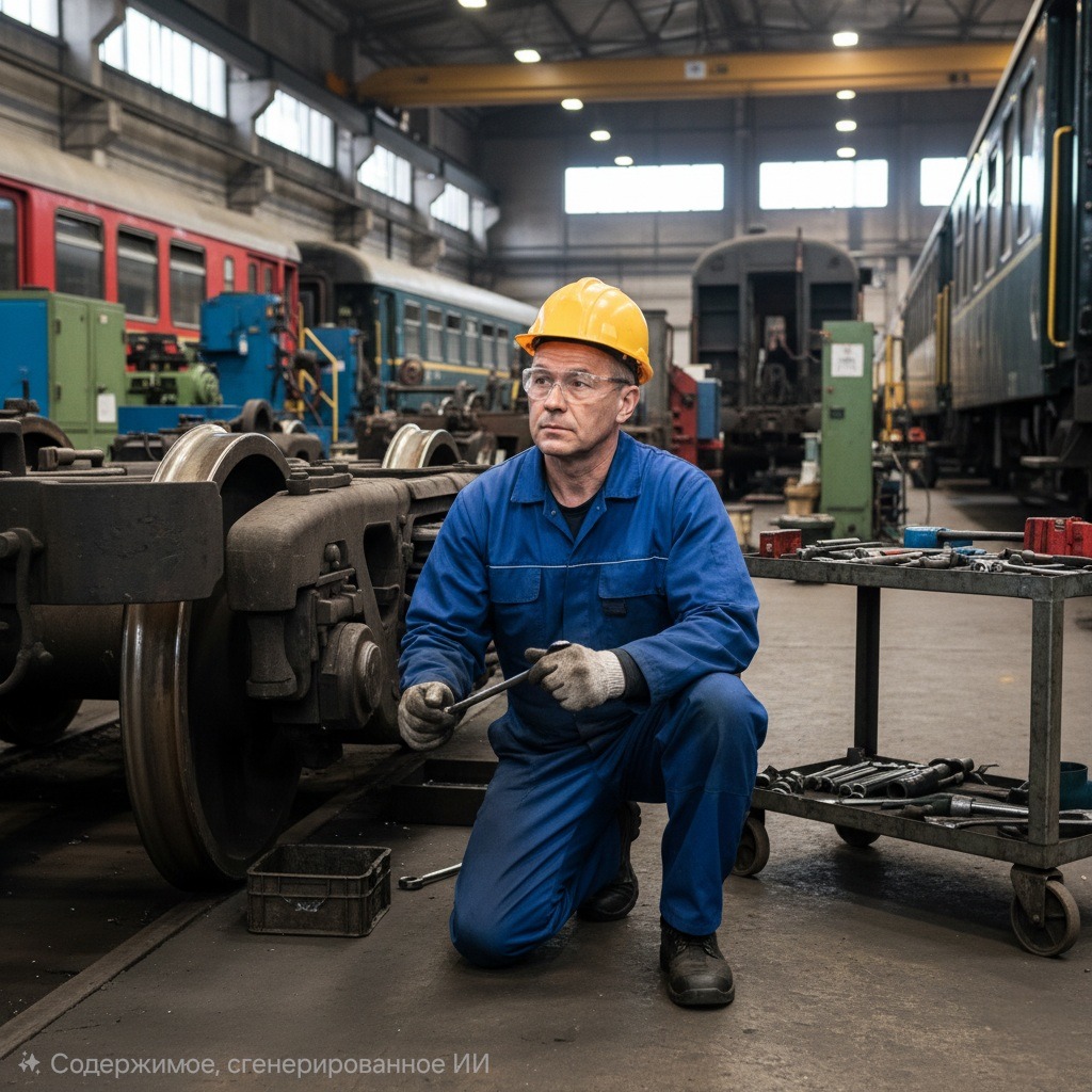 Слесарь по ремонту подвижного состава в мастерской, сидит, держит ключ.