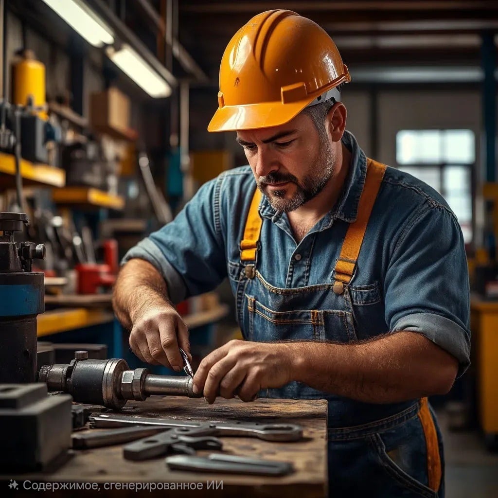 Слесарь-ремонтник в оранжевой каске и джинсовом комбинезоне ремонтирует металлическую деталь.