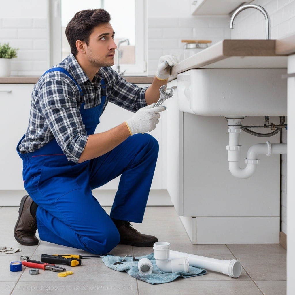 Слесарь-сантехник, стоящий на коленях и меняющий сифон под раковиной в светлой кухне. Он одет в синий комбинезон и клетчатую рубашку, на руках у него белые перчатки. Рядом с ним на полу лежат инструменты и новые части сифона.
