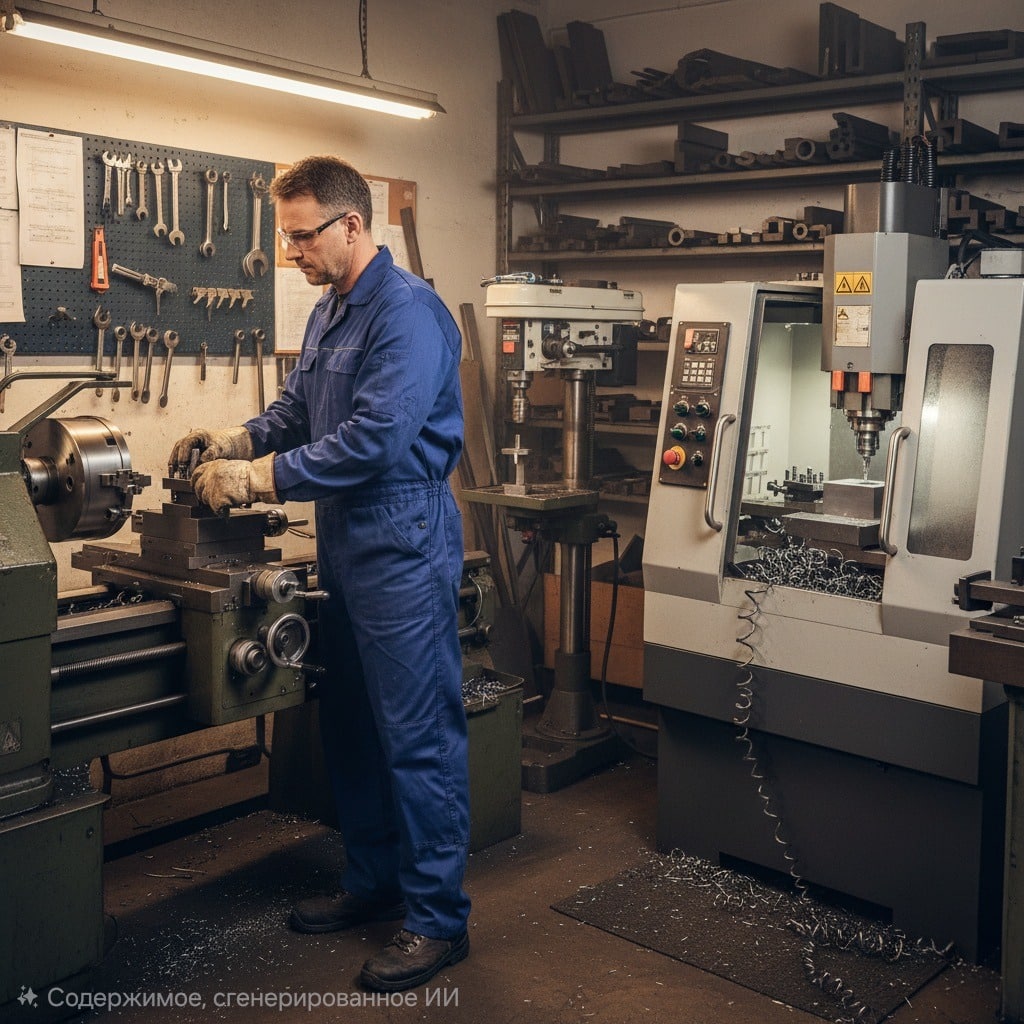 Станочник широкого профиля в синем рабочем комбинезоне и защитных очках, работающий на токарном станке в мастерской, оснащенной различными инструментами и металлическими заготовками.