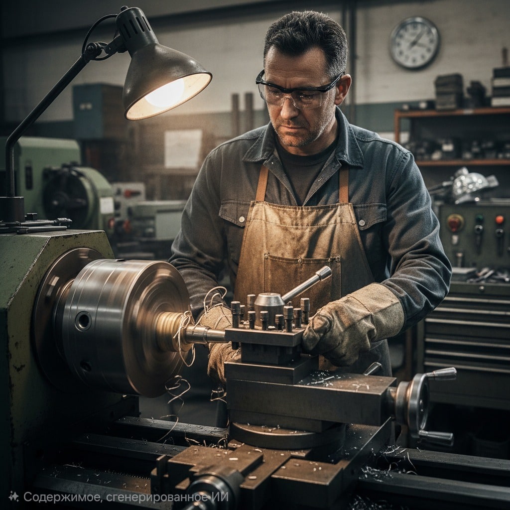Токарь в очках, фартуке и перчатках работает на токарном станке в мастерской.