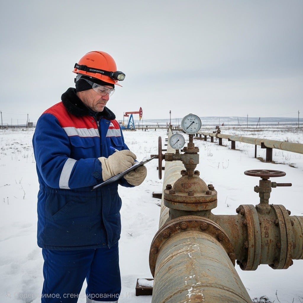 Трубопроводчик линейный 2-го разряда в спецодежде и каске с фонариком, записывающий показания манометров на фоне зимнего пейзажа с трубопроводом и буровой установкой.