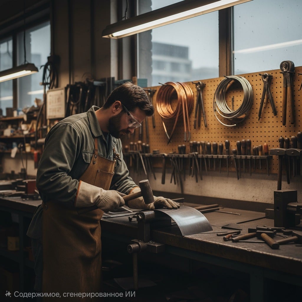 Жестянщик в рабочем фартуке, защитных очках и перчатках, стоящий за верстаком в мастерской.