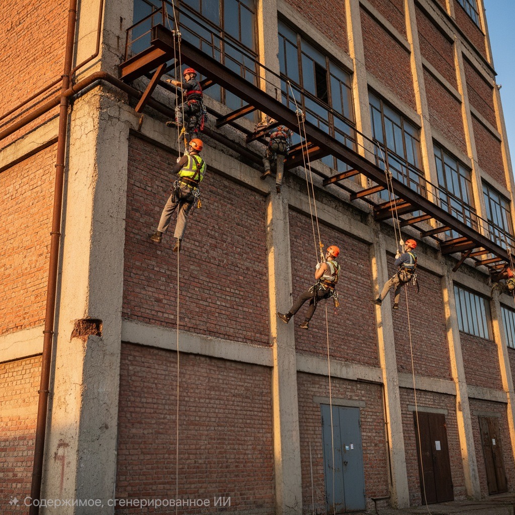 Тренировка по безопасности работ на высоте для 1 группы. Инструктаж и практические занятия на фасаде здания.