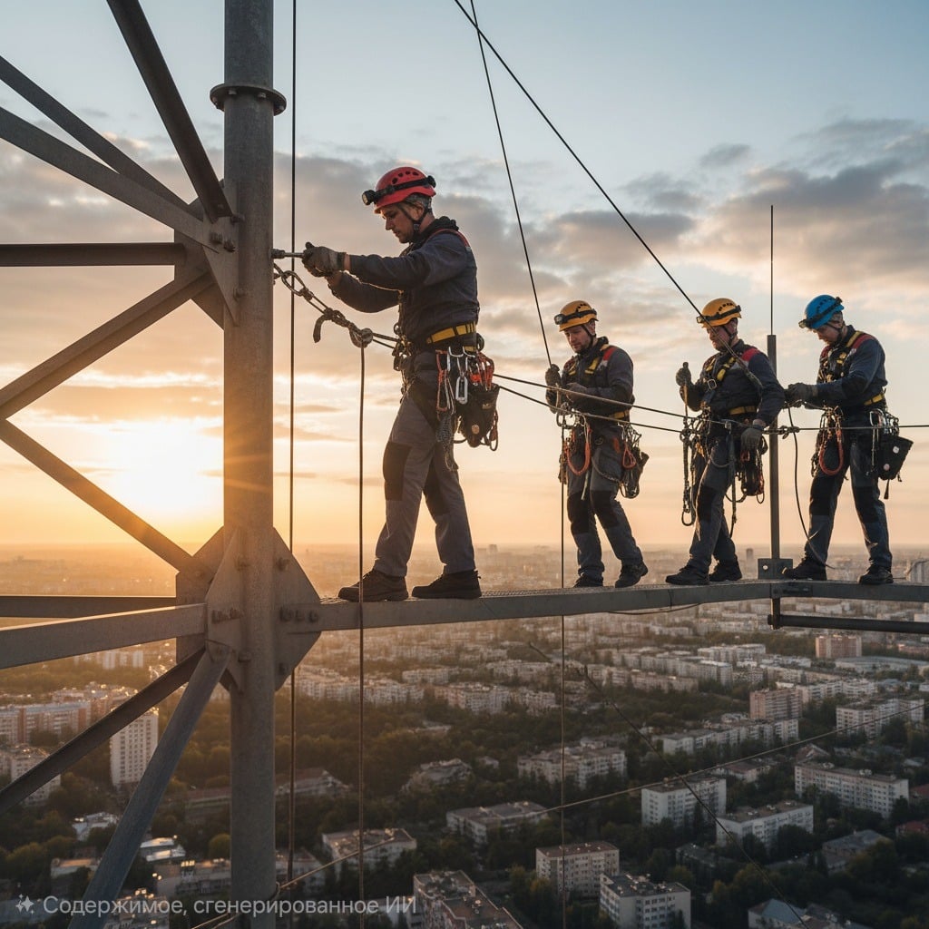 Группа промышленных альпинистов на курсе по обучению работе на высоте, 3 группа безопасности.