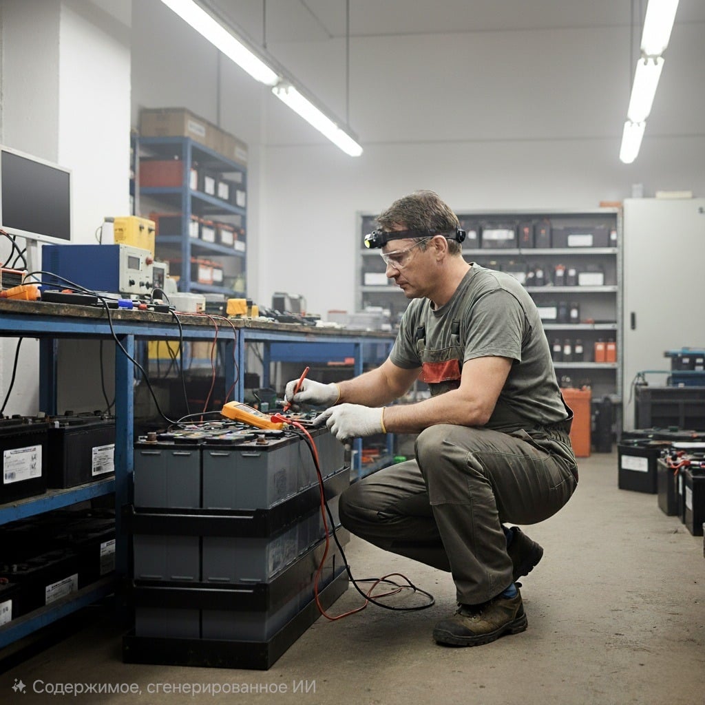Аккумуляторщик проверяет аккумуляторы в мастерской