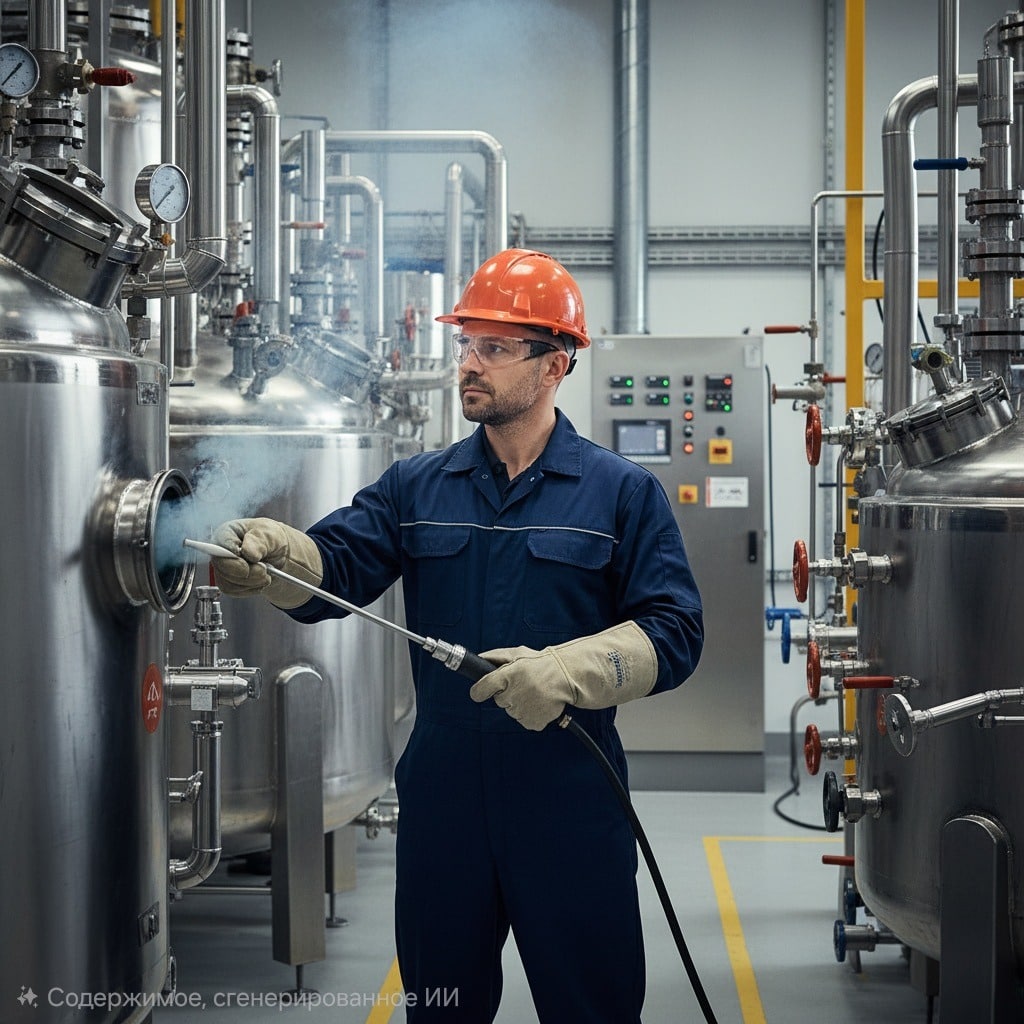 Аппаратчик по химической чистке на производстве, проводит очистку оборудования