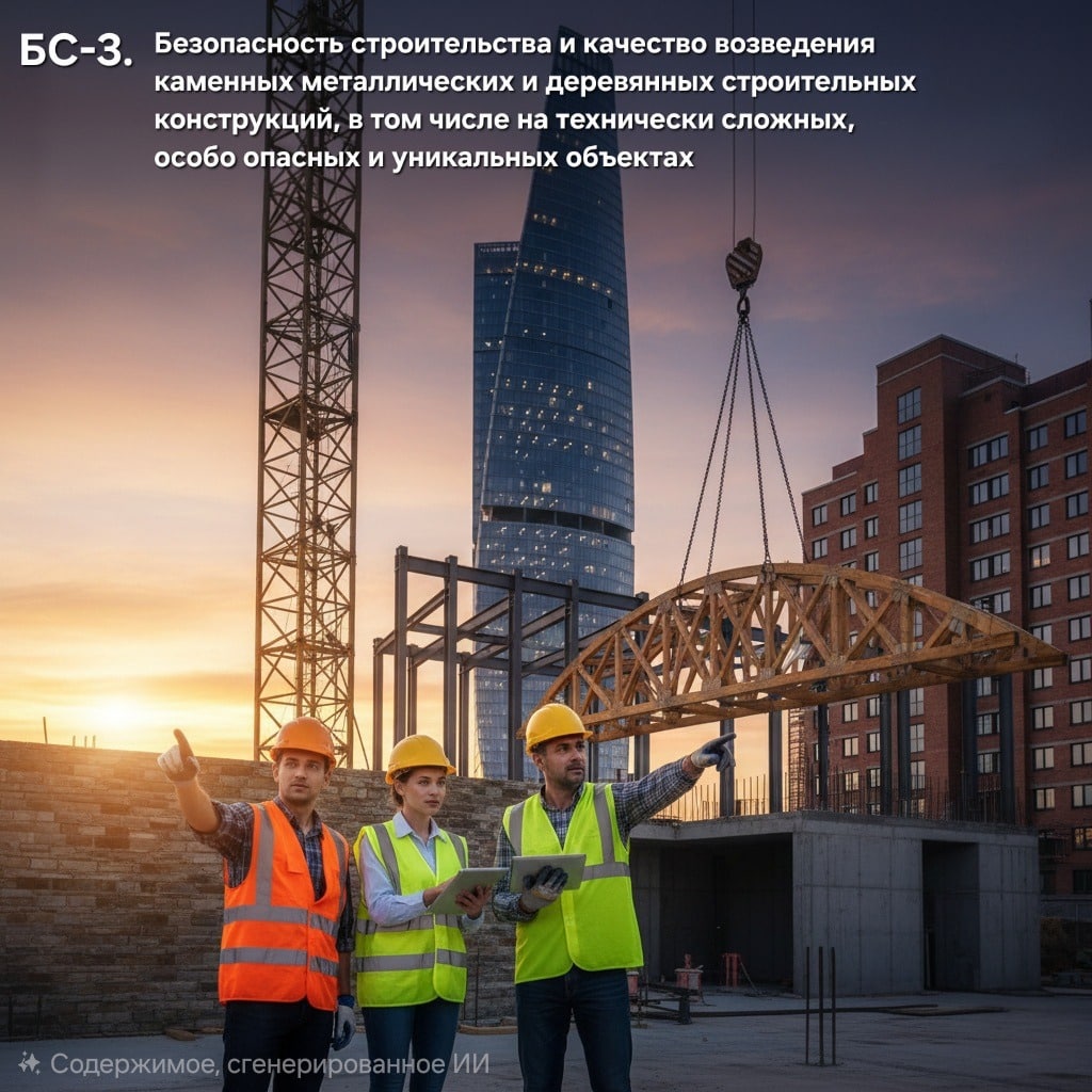 БС-3. Безопасность строительства:
 группа специалистов контролирует процесс монтажа деревянных ферм на фоне современной архитектуры.
