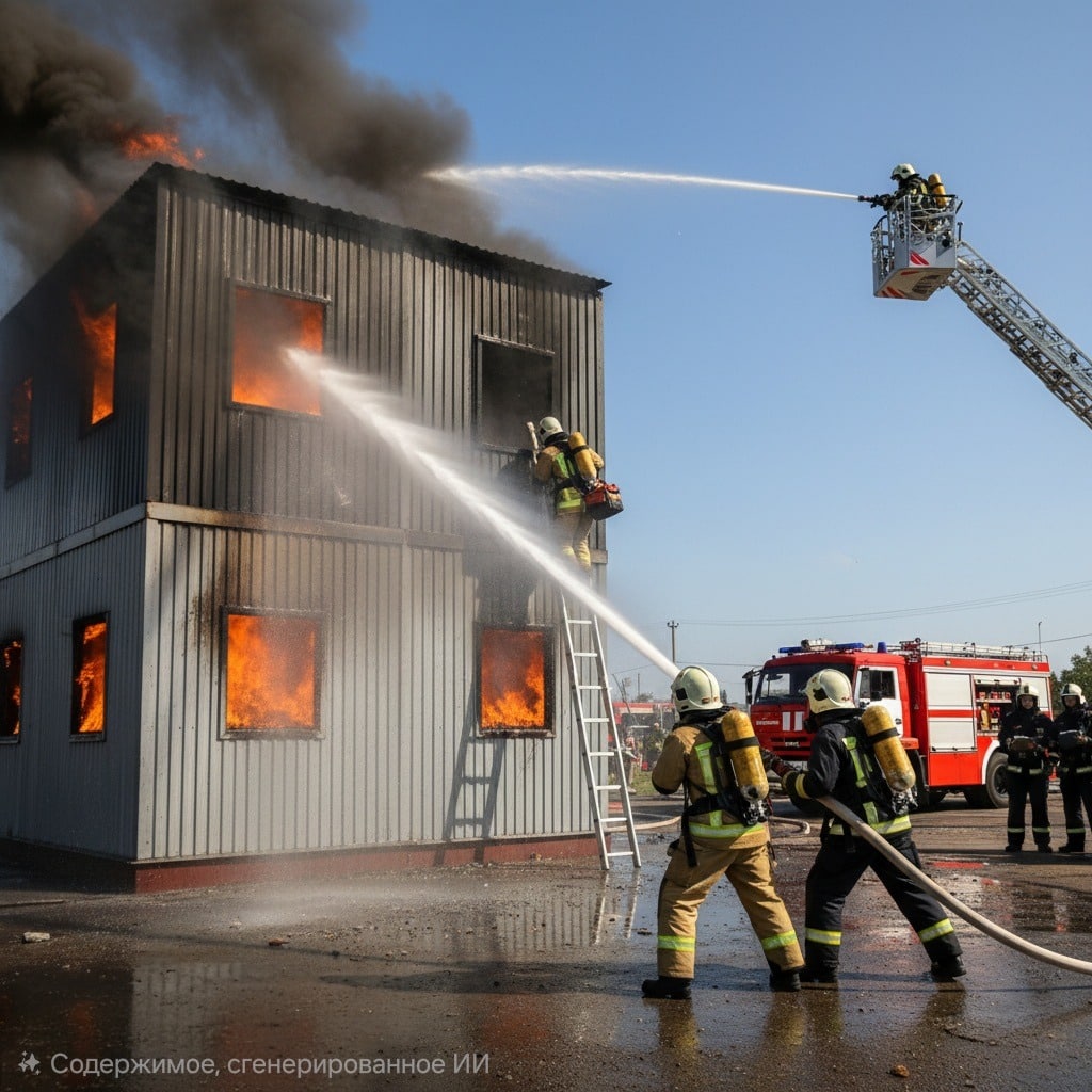 Деятельность по тушению пожаров. На фото показан учебный курс по пожаротушению.