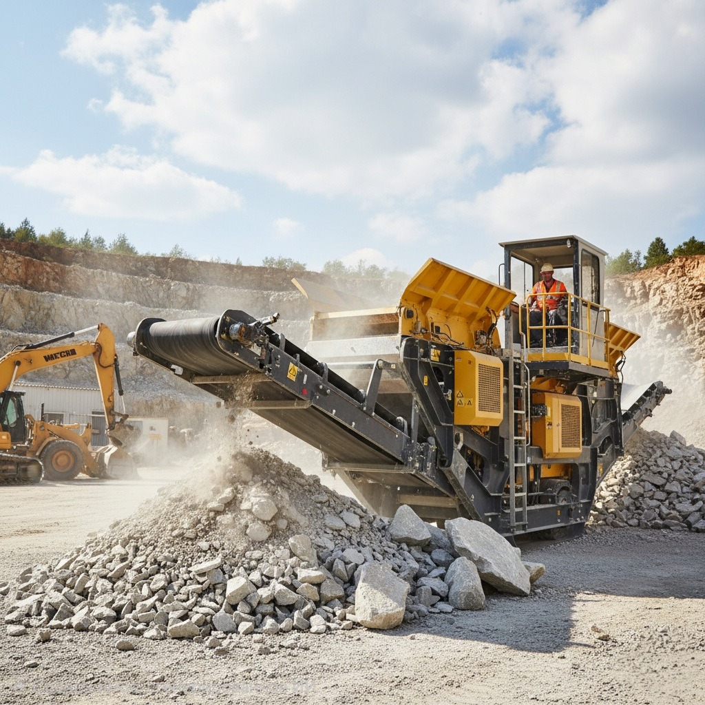 Дробильщик управляет мобильной дробильной установкой на карьере, перерабатывая камни в щебень.