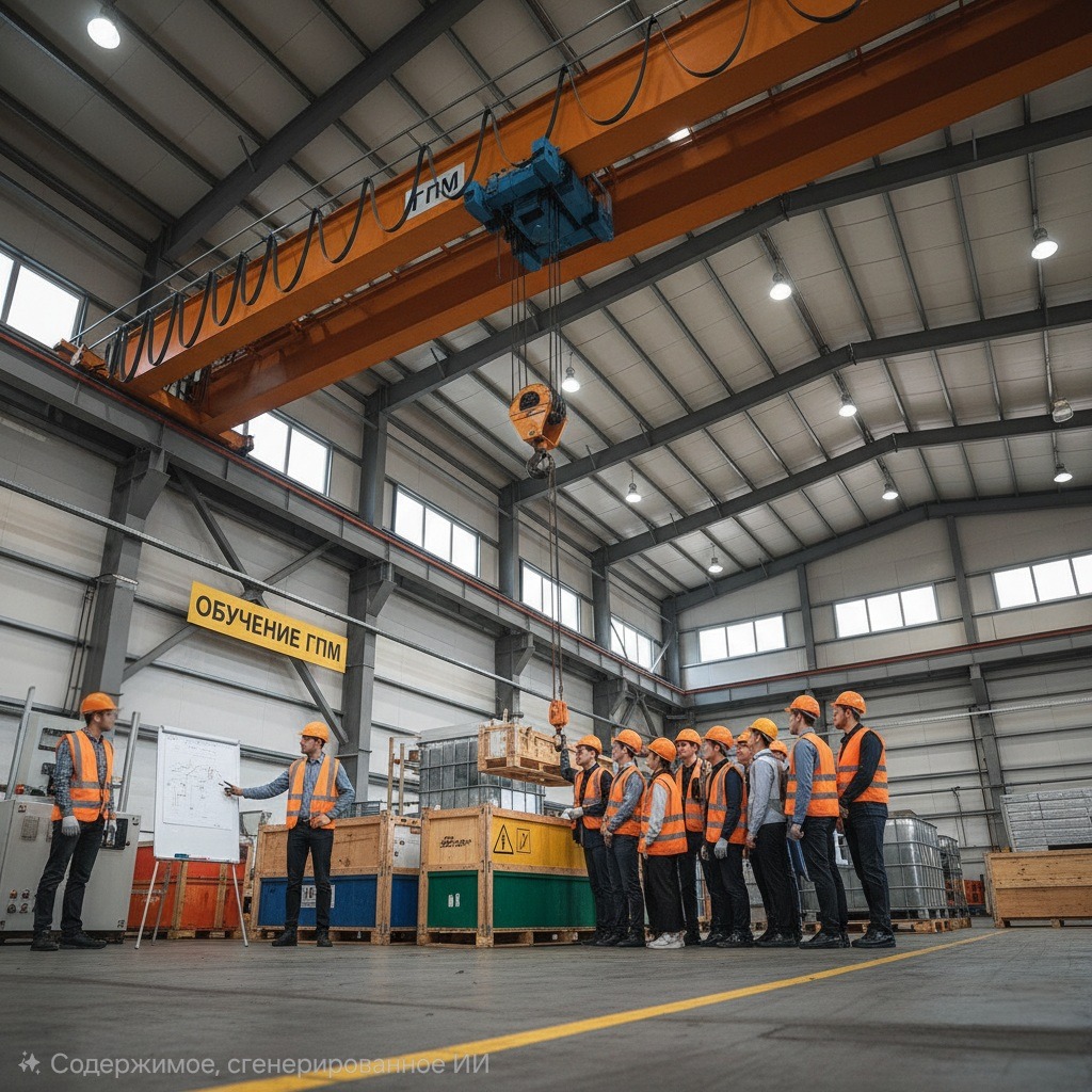 ГПМ с пола. Преподаватель объясняет принципы работы с грузоподъемными машинами (ГПМ) на примере мостового крана для группы студентов.