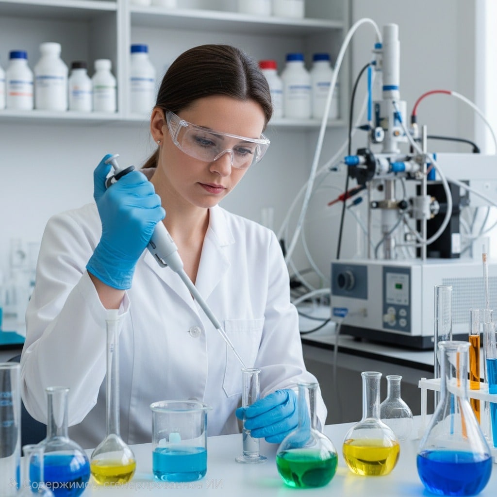 Лаборант химического анализа в защитных очках и перчатках, проводящий измерения с помощью пипетки в лаборатории с колбами и оборудованием.