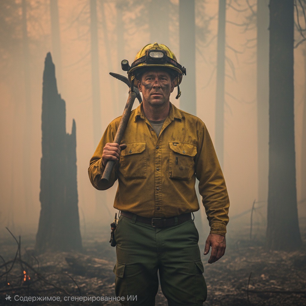 Лесной пожарный в защитной каске и униформе, стоящего на фоне дымного, сгоревшего леса.