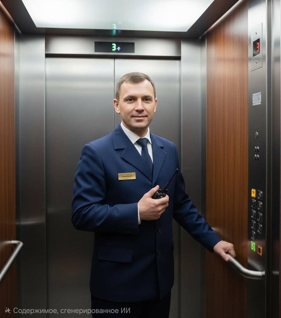 Лифтер в форме с рацией стоит в лифте