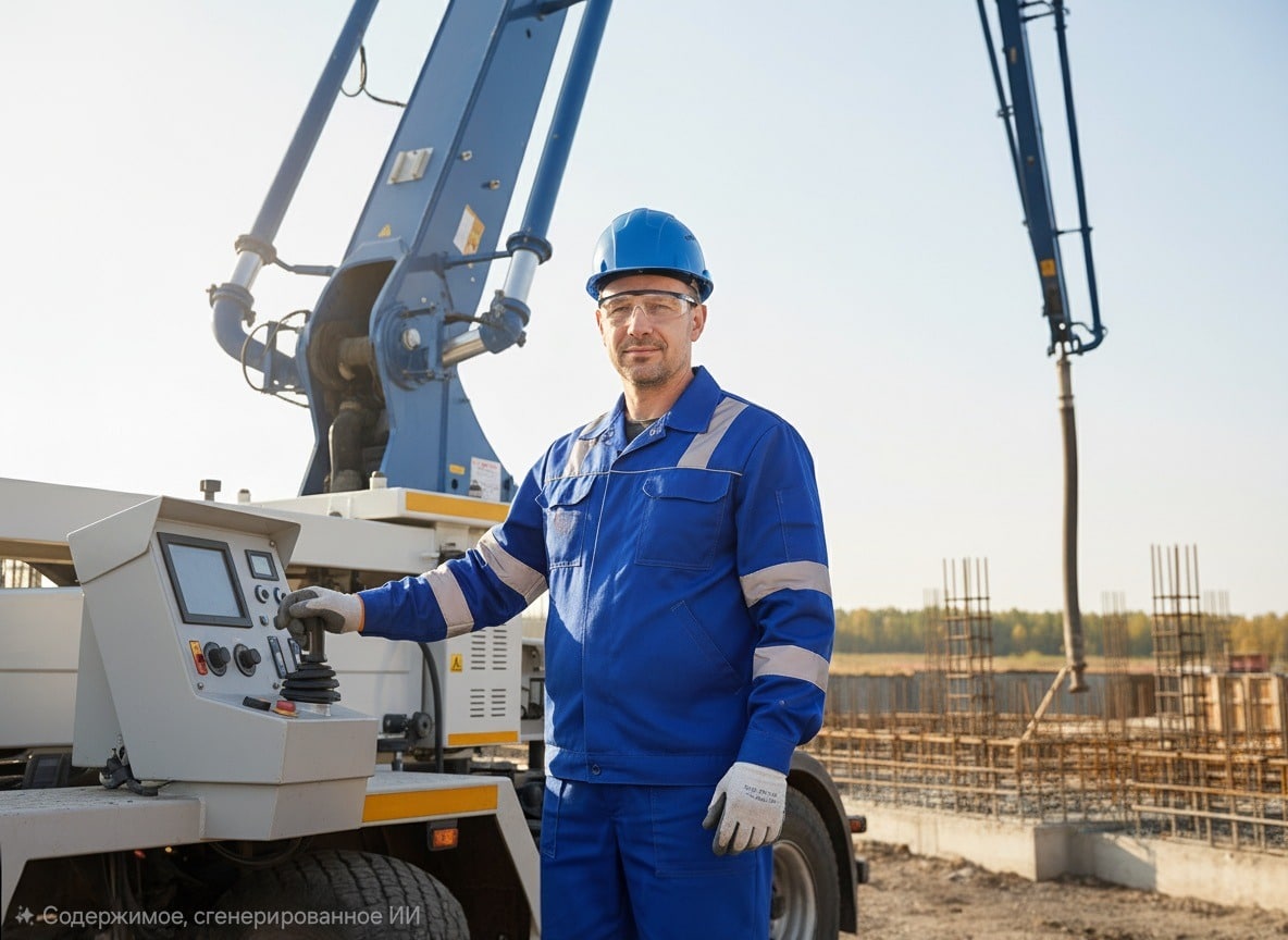 Машинист бетононасосной установки в синей спецодежде и каске управляет оборудованием на строительной площадке.