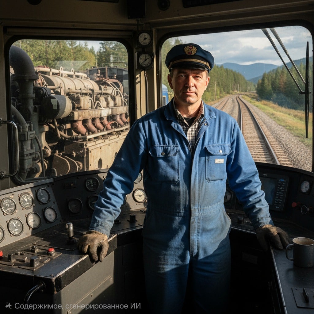 Машинист двигателей внутреннего сгорания в кабине тепловоза.