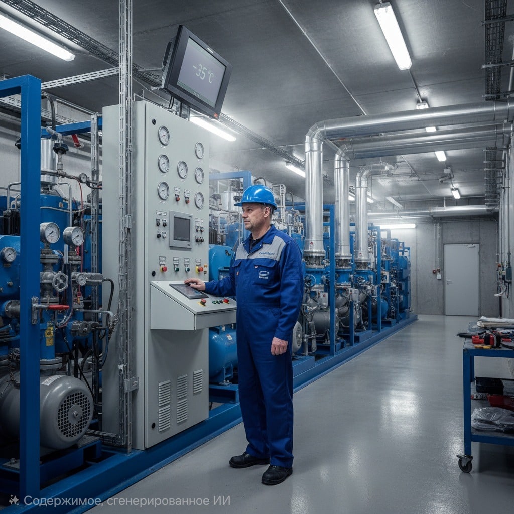 Машинист холодильных установок проверяет показания на панели управления.