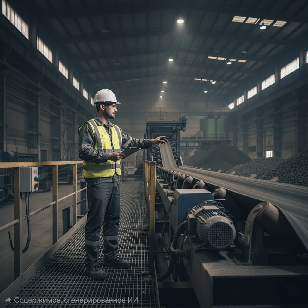 Машинист конвейера на производстве, контролирующий работу ленты