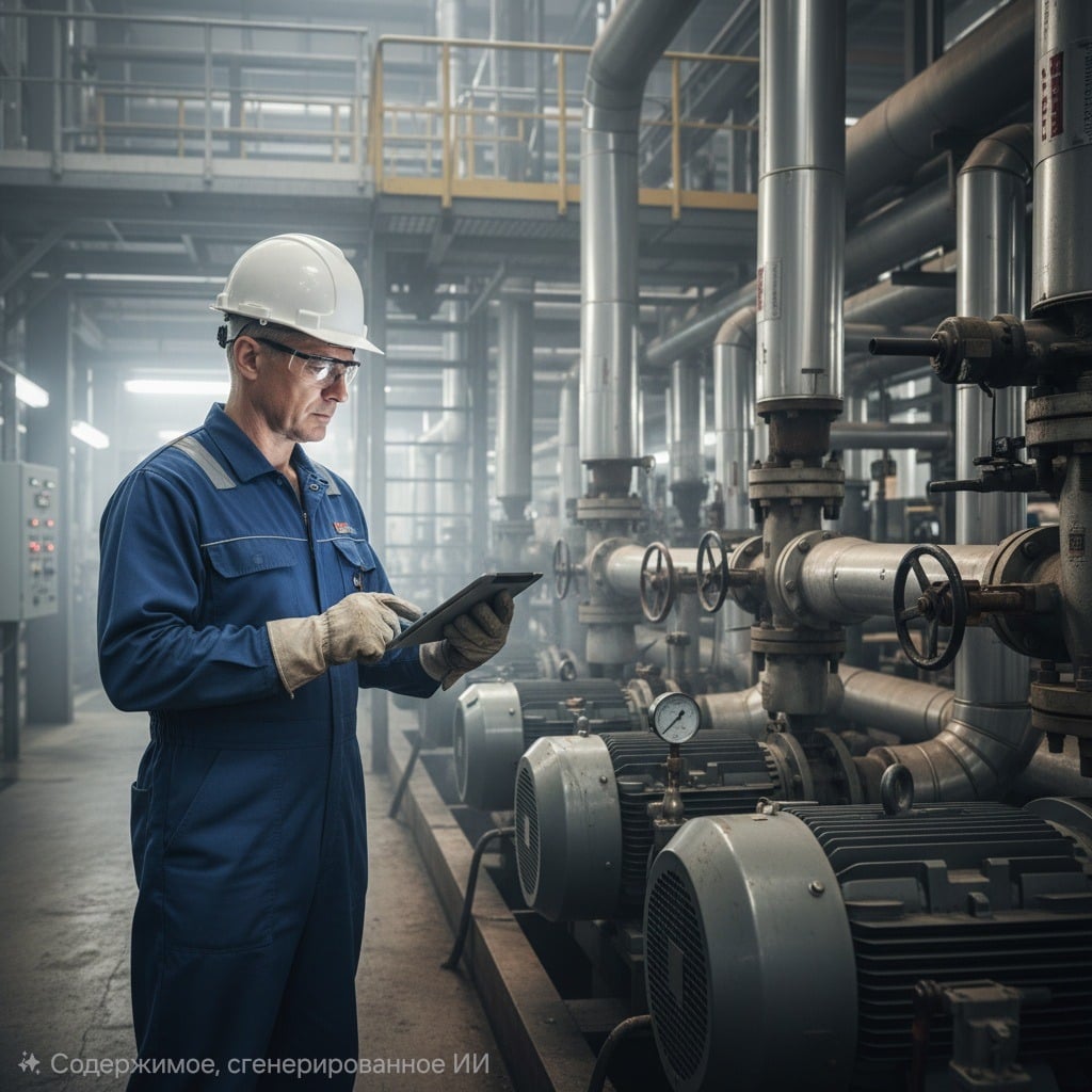 Машинист технологических насосов в каске и комбинезоне с планшетом в индустриальном цеху.