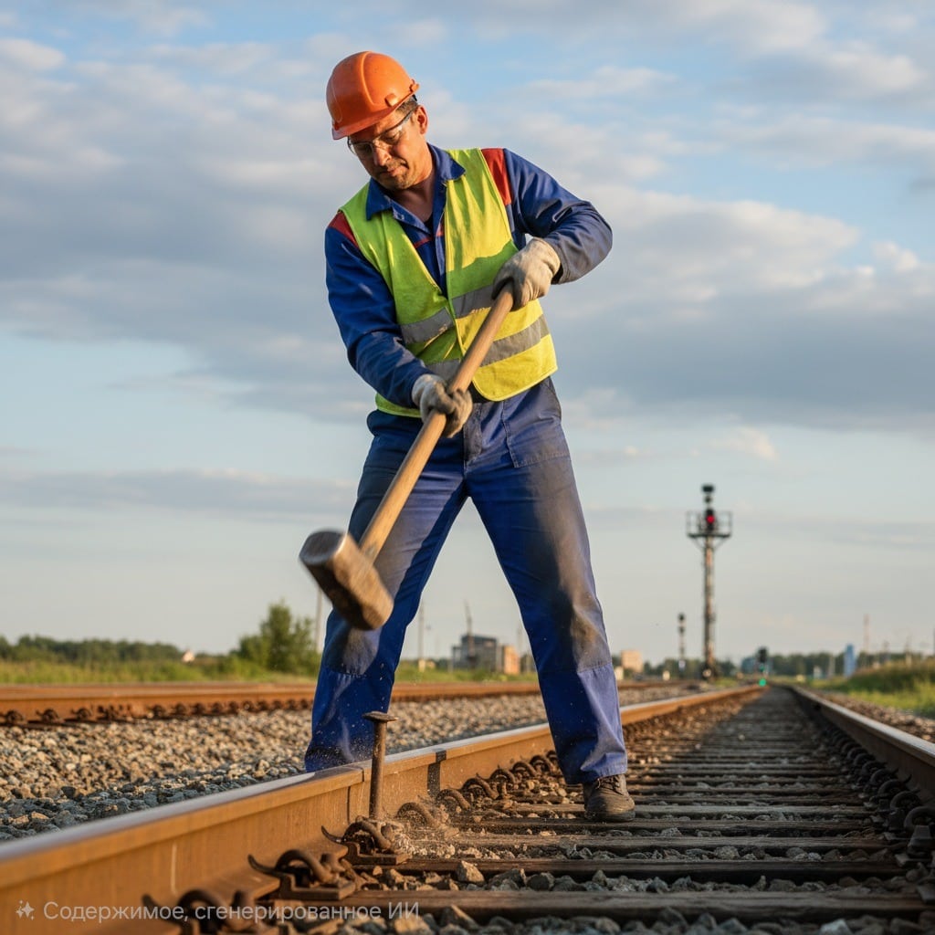 Монтер путей в спецодежде забивает костыль на железной дороге.